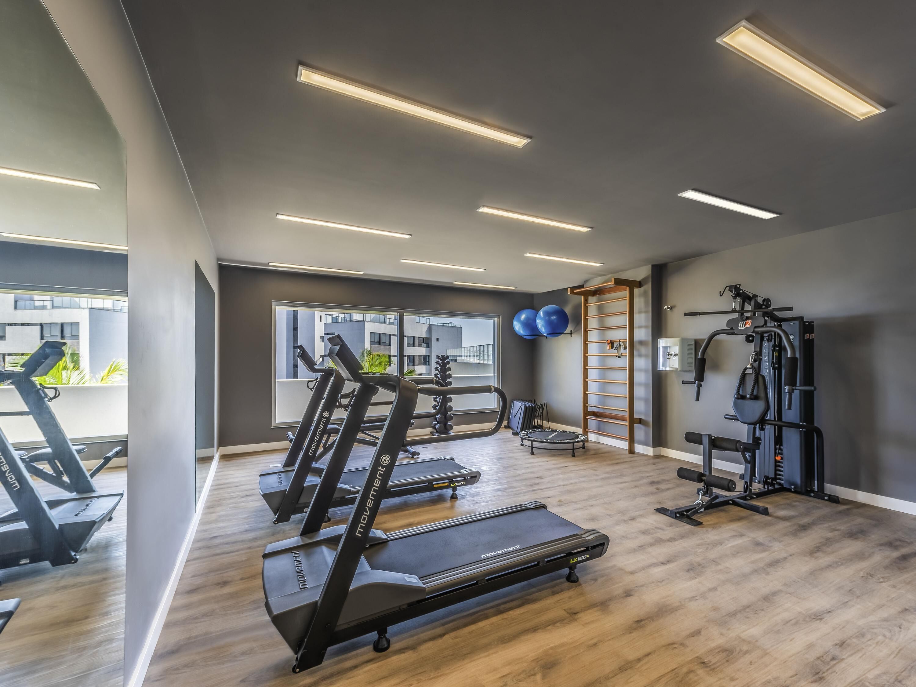 Ein Fitnessraum mit Laufbändern, Übungsbällen und einer Klimmzugstange.