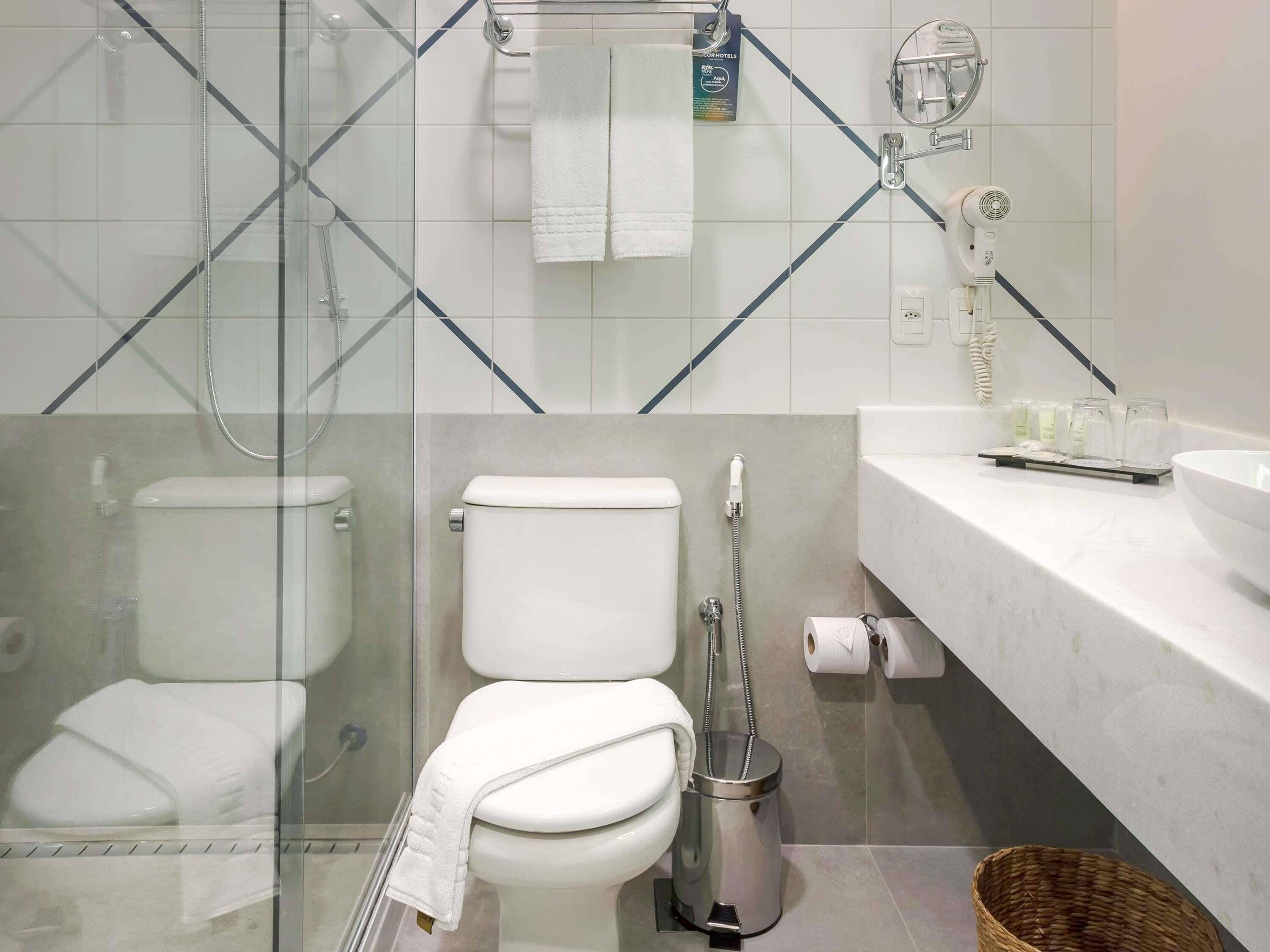 A modern bathroom with a glass shower enclosure, a toilet, a bidet, and a vanity with toiletries.