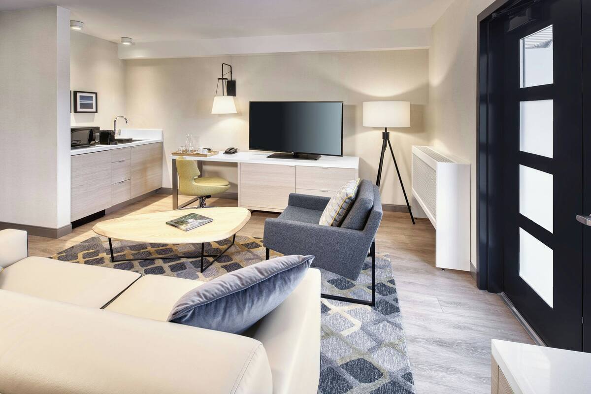 A modern living room with a sofa, armchair, coffee table, and a TV. There is a kitchen area with a countertop and a lamp.