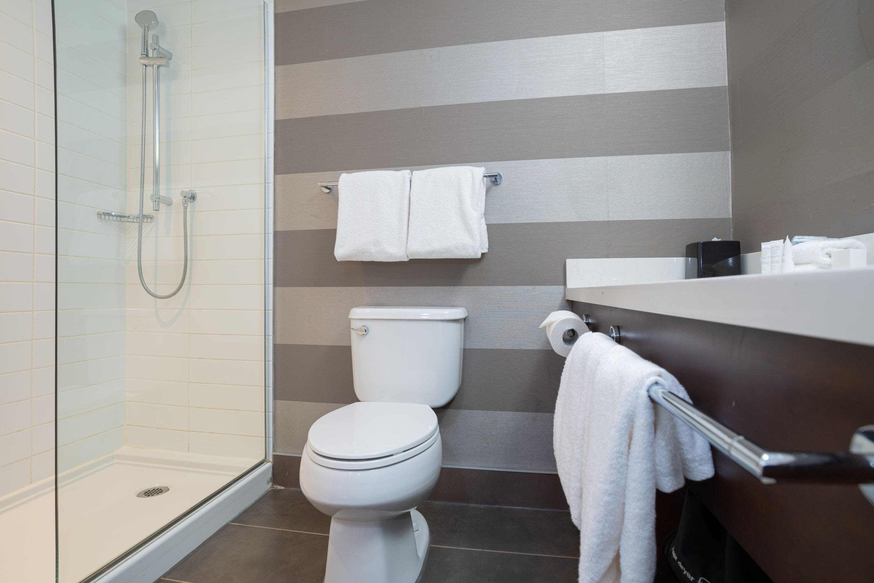 shower, eco-friendly toiletries, hair dryer, towels