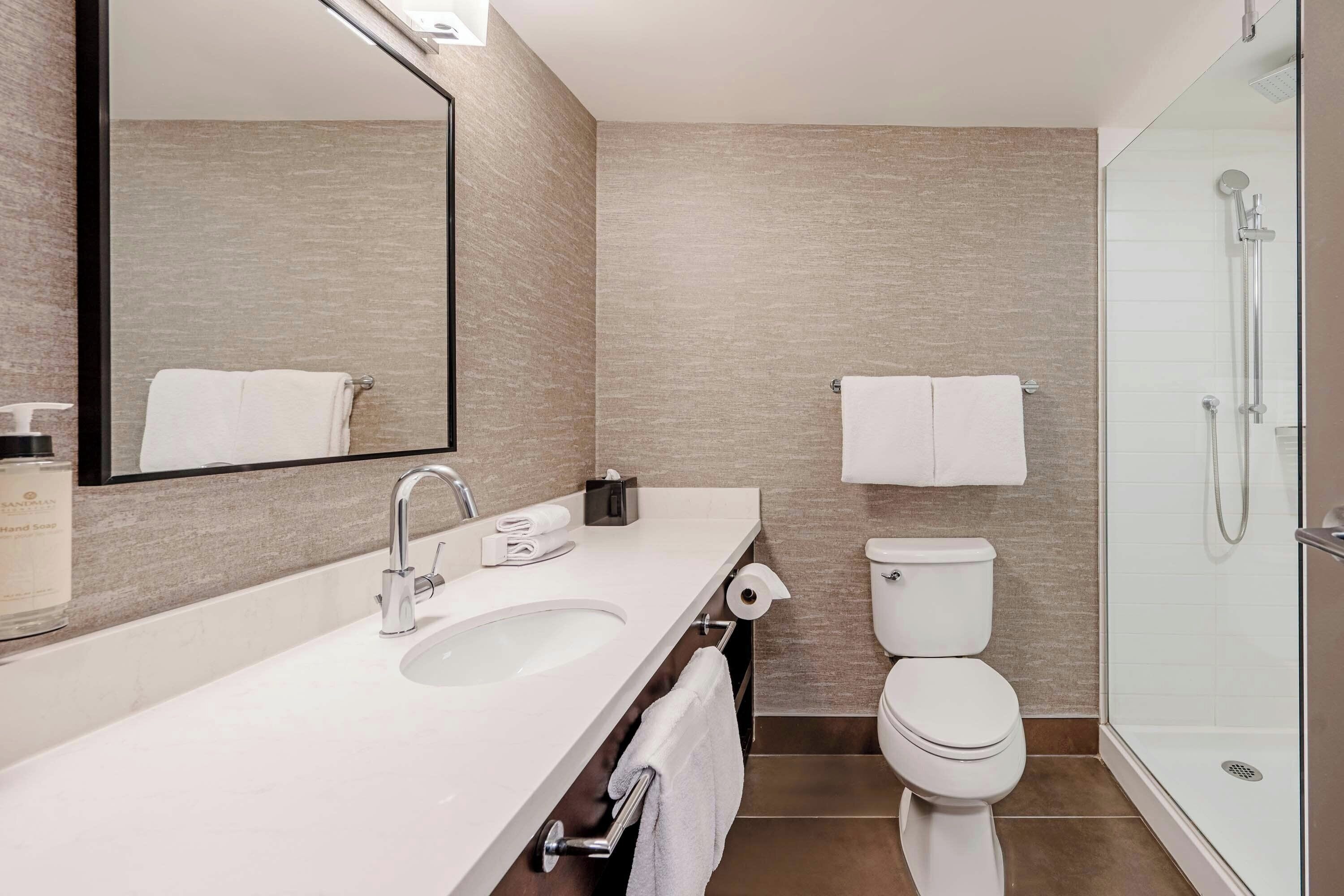 A modern bathroom with a sink, toilet, and glass-enclosed shower.