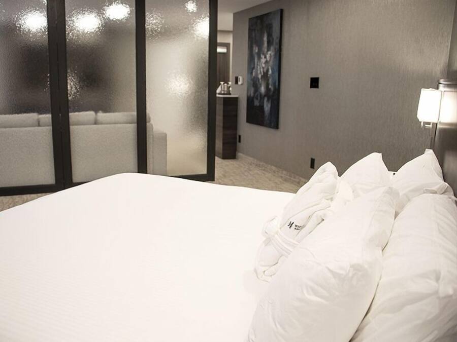Una habitación de hotel con cama, separador de vidrio, un cuadro en la pared y una lámpara.