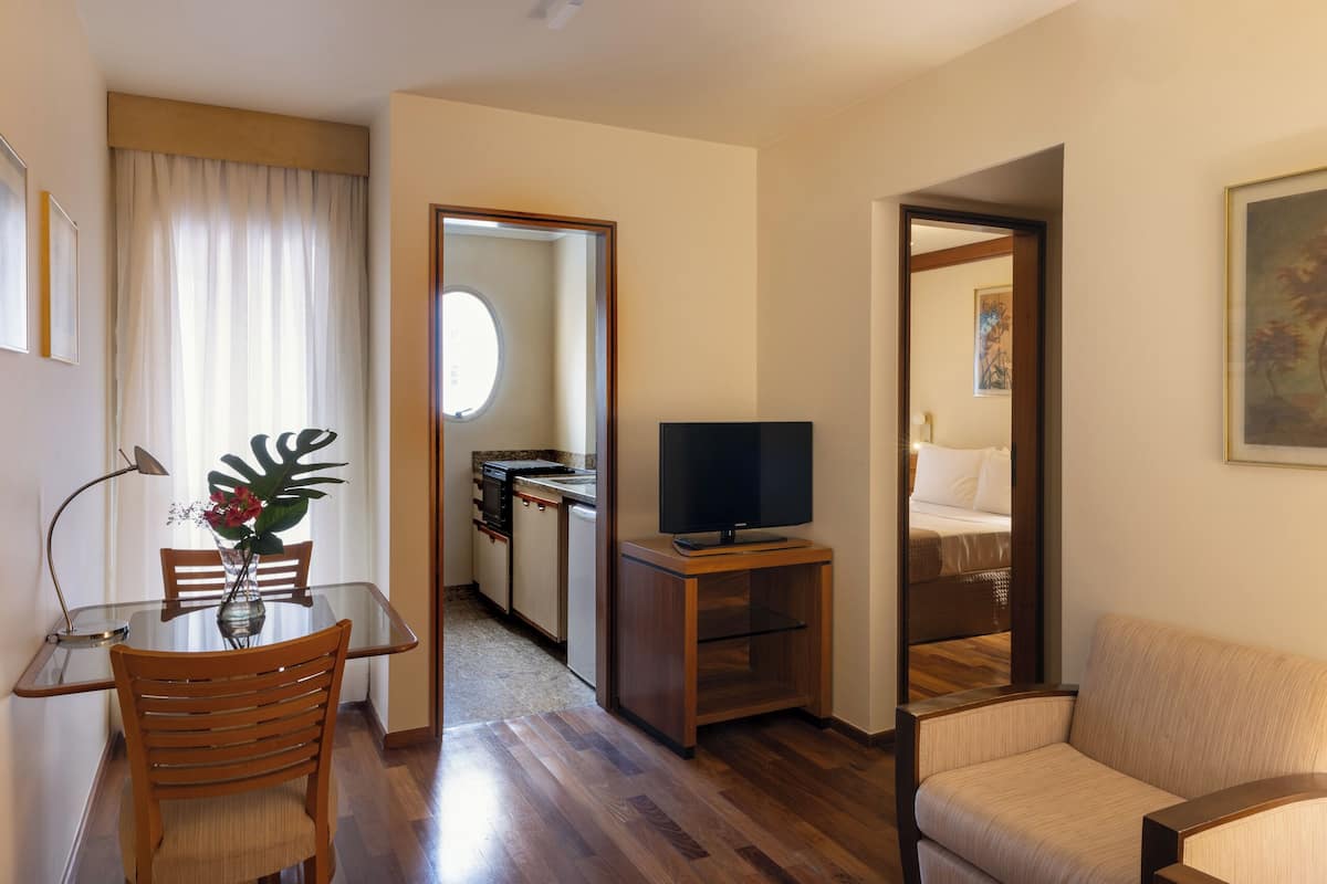 A compact living space with a dining table, chairs, a TV on a stand, a sofa, and a kitchen area with a dining table and chairs.