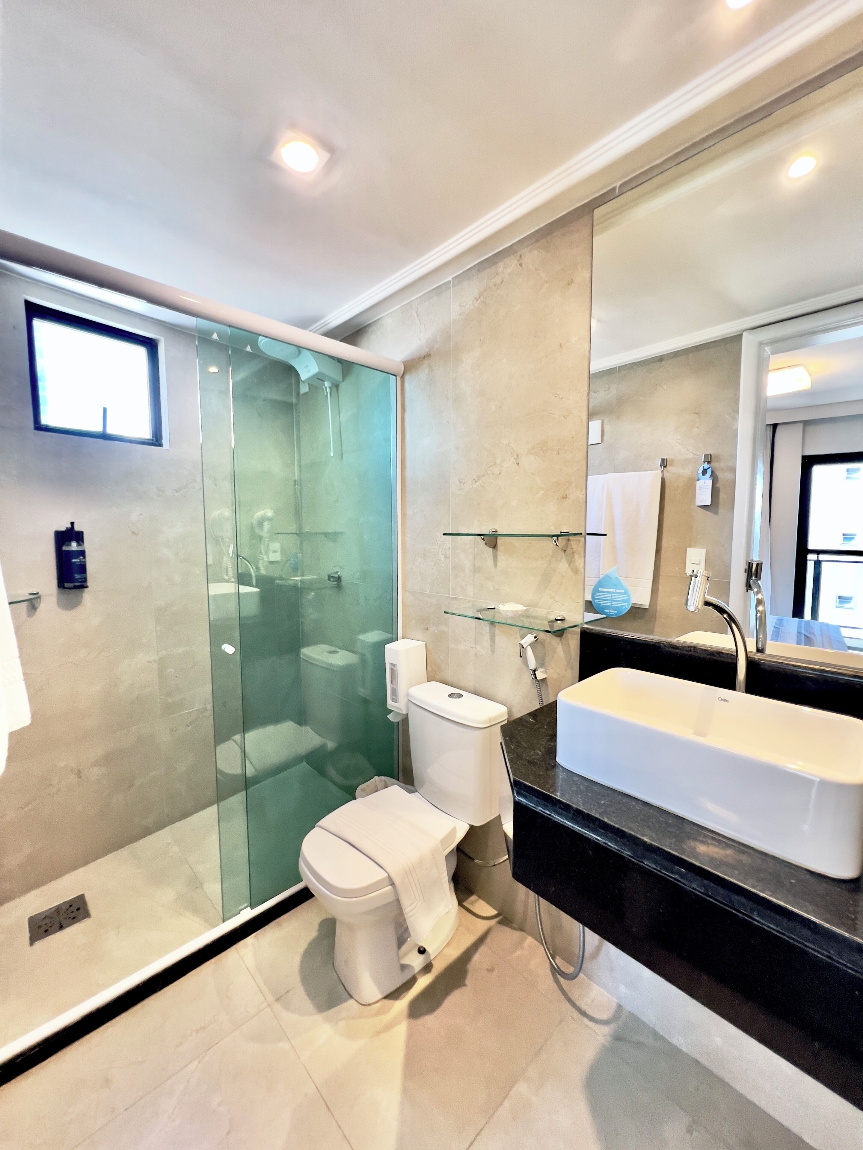 Un baño moderno con ducha envuelta en vidrio, inodoro, lavamanos grande y espejo.