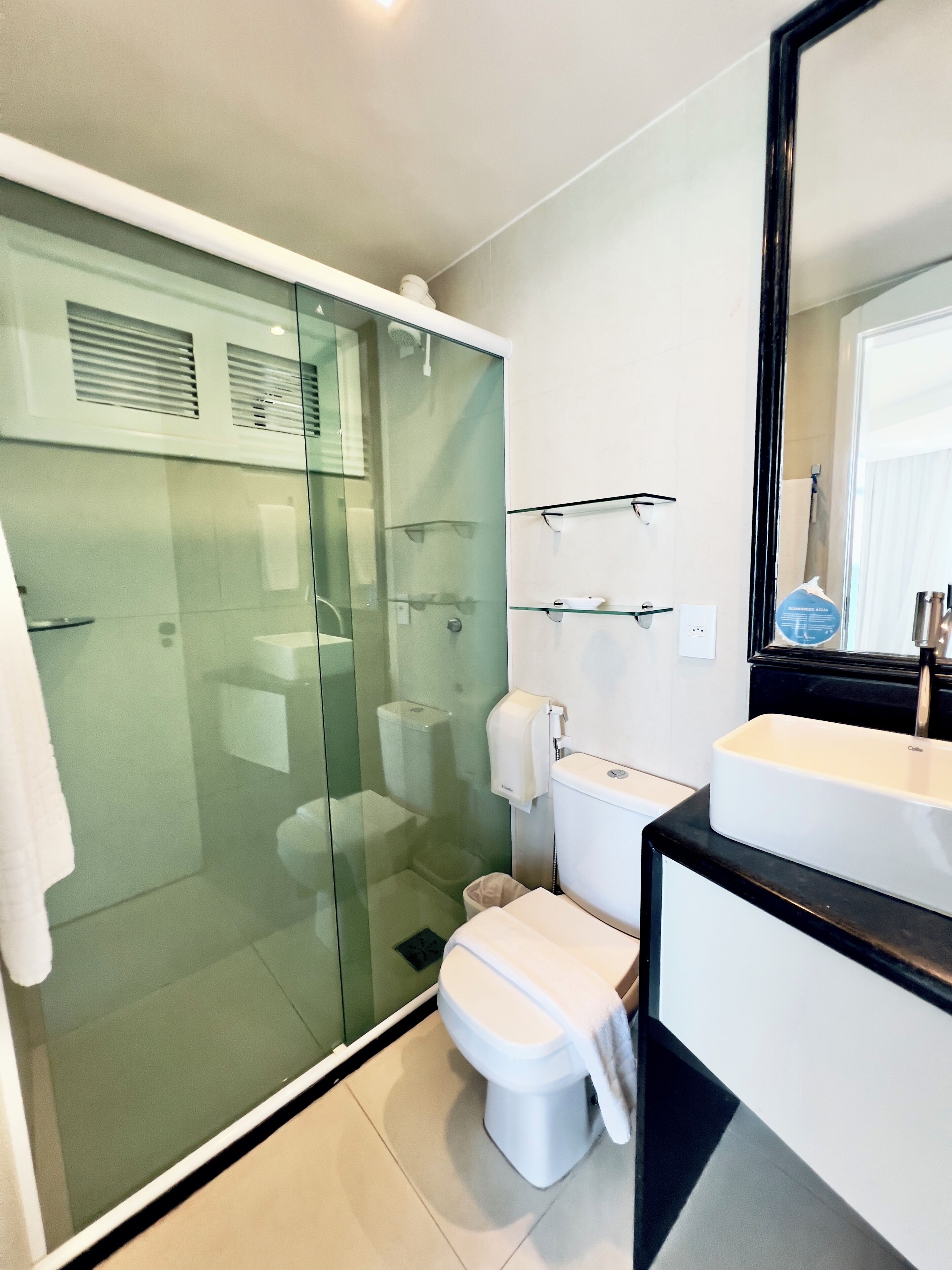 A modern bathroom with a glass-enclosed shower, a white toilet, a sink with a black countertop, and a mirror above the sink.