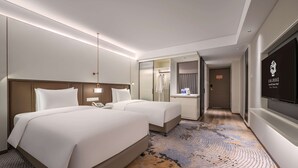 Ein Hotelzimmer mit zwei Betten, einem großen Spiegel, einem Fernseher und einem Teppichboden.