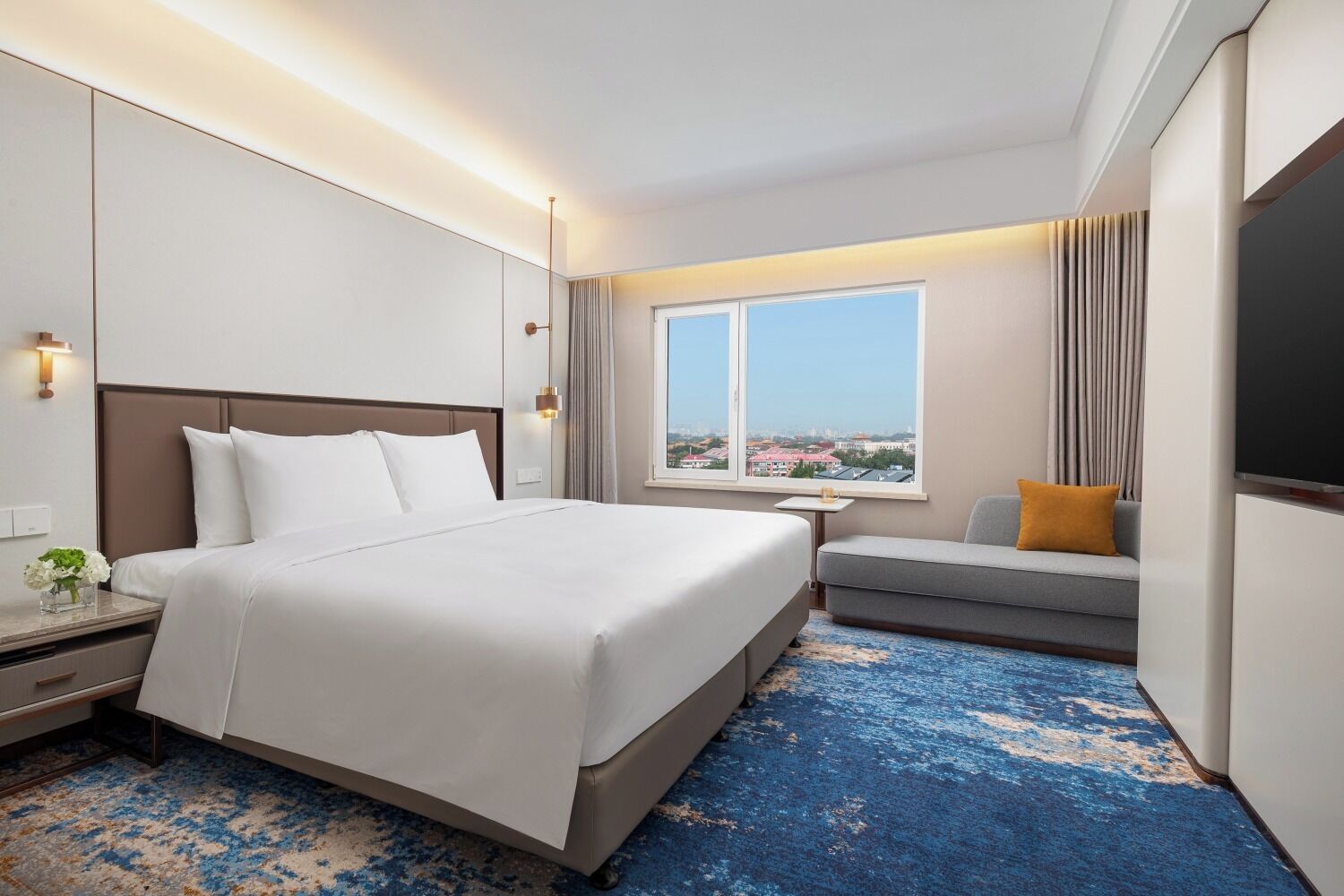 A hotel room with a large bed, a small desk, a TV, and a view of the city.