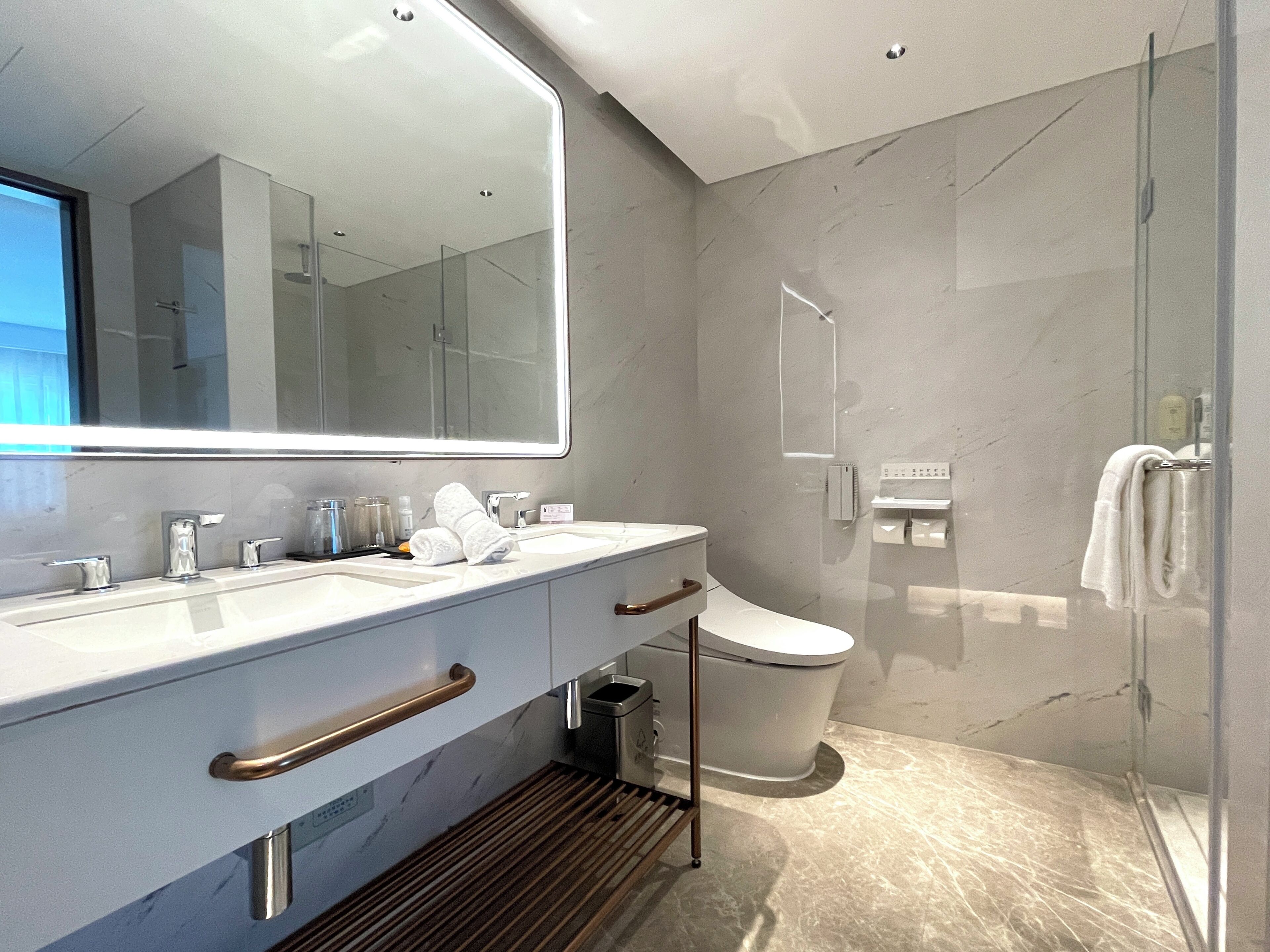 A modern bathroom with a large mirror, two sinks, a toilet, and a shower area.