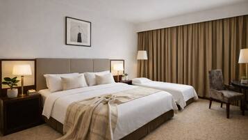 A hotel room with two beds, a large window with curtains, a chair, and a small table with a lamp.