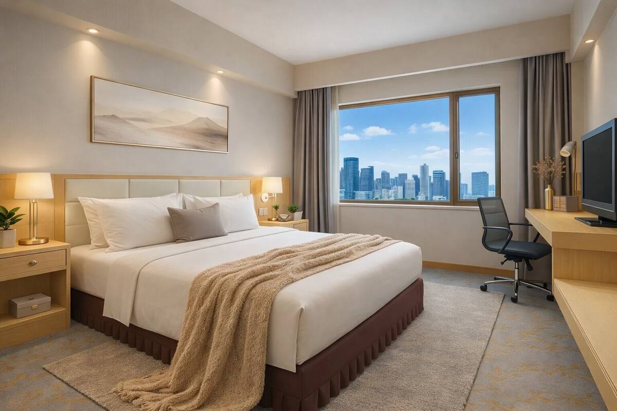 A hotel room with a bed, a desk, a TV, a city view, and a painting on the wall.