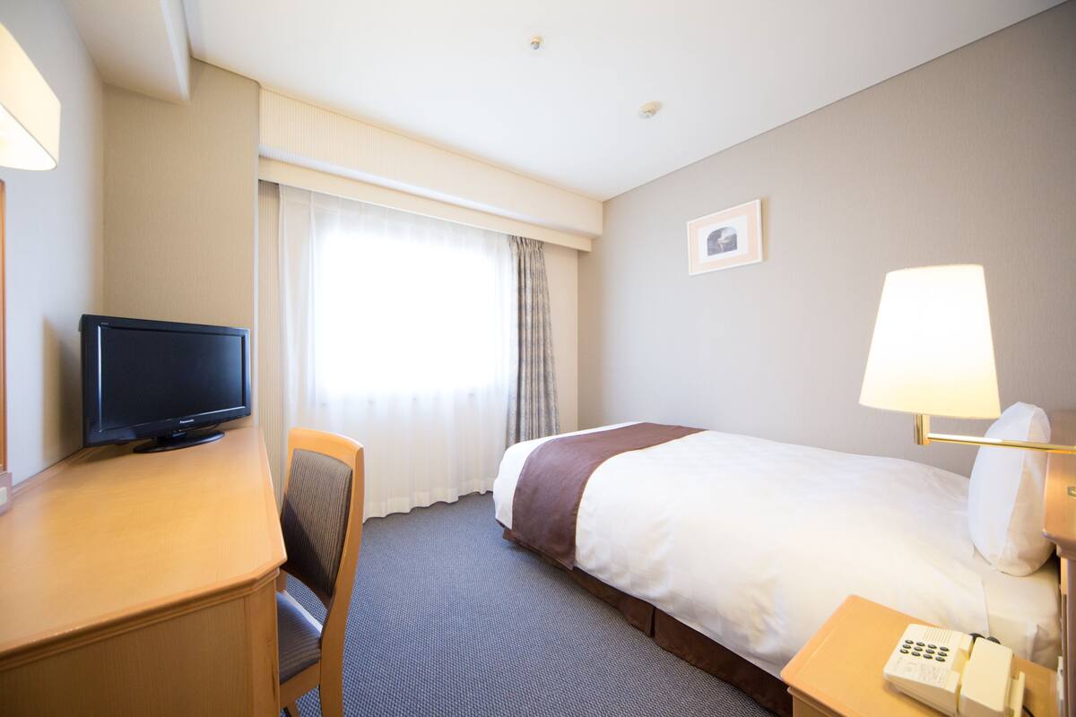 Een hotelkamer met een bed, een bureau met televisie, een stoel, een nachtkastje met lamp en een raam met gordijnen.
