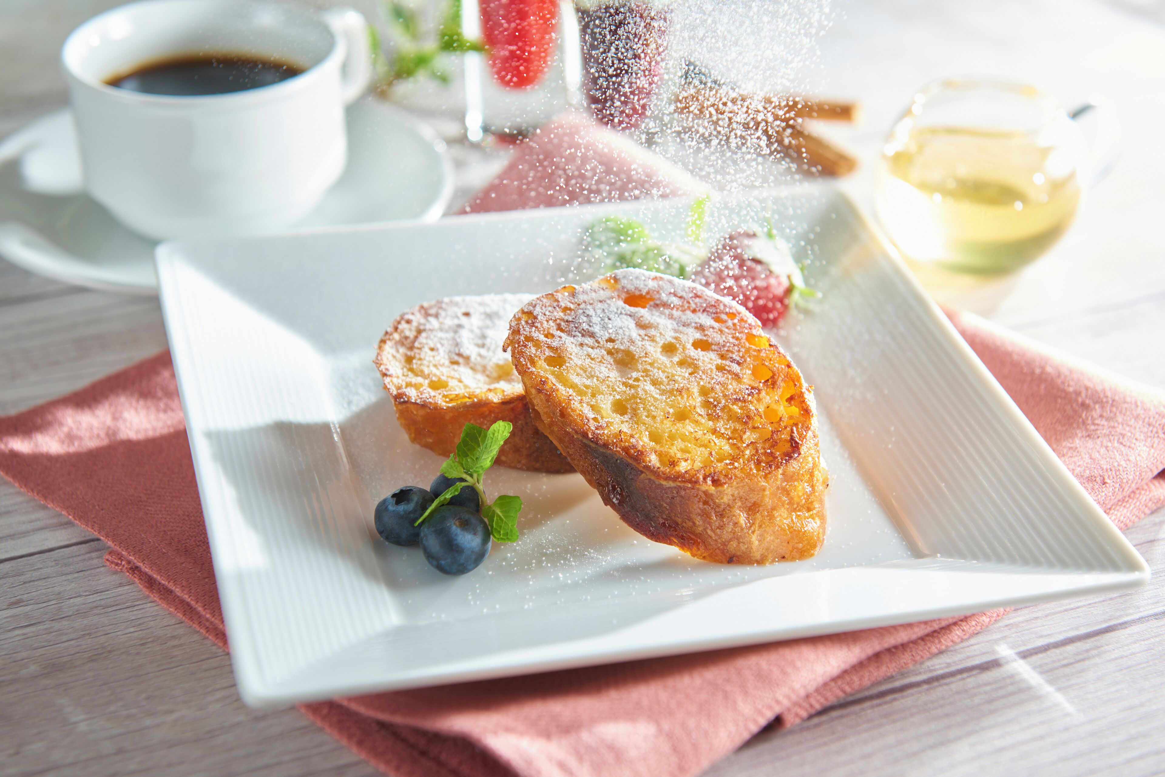 A plate with French toast, blueberries, and powdered sugar.