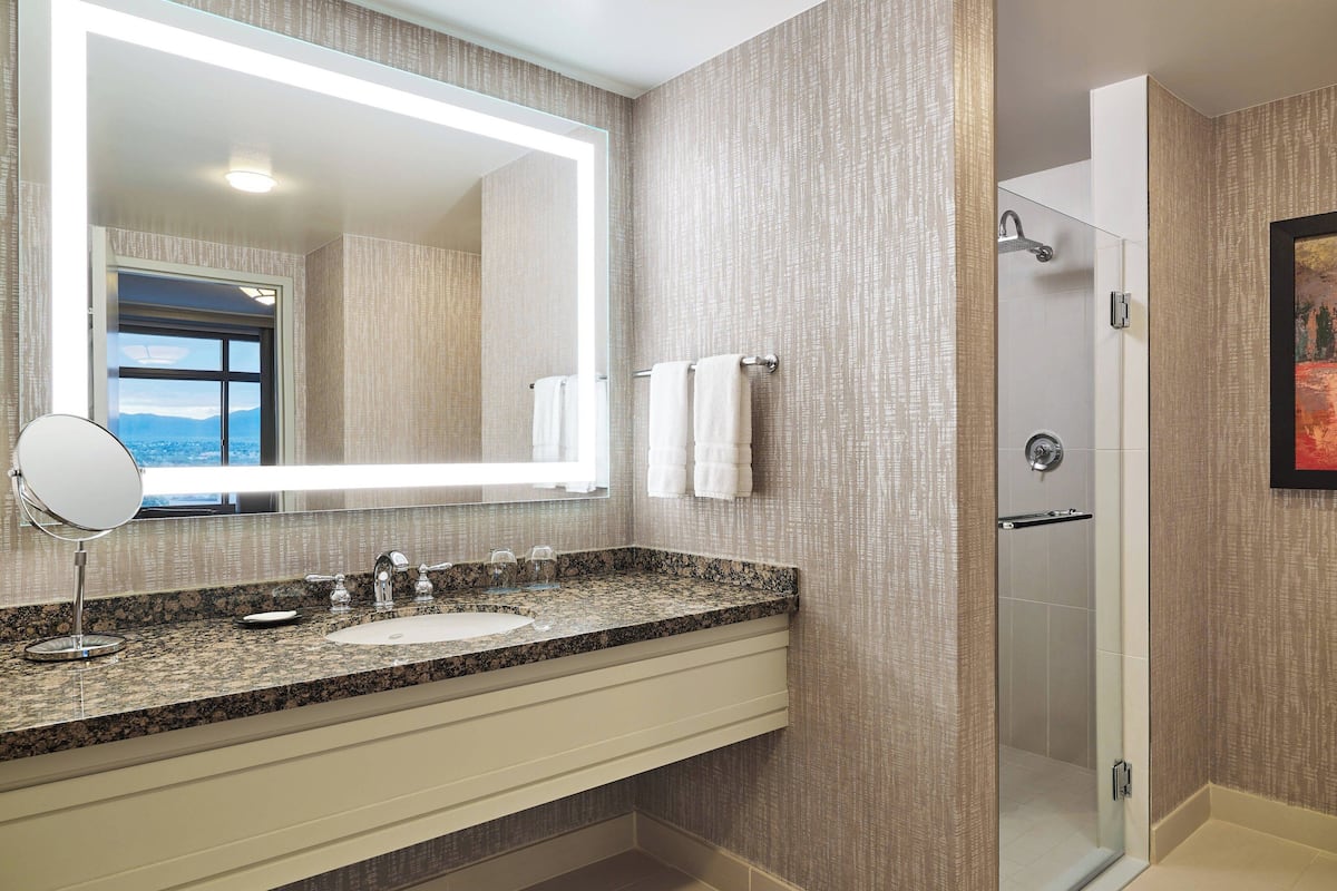 combined shower/bathtub, designer toiletries, hair dryer, bathrobes