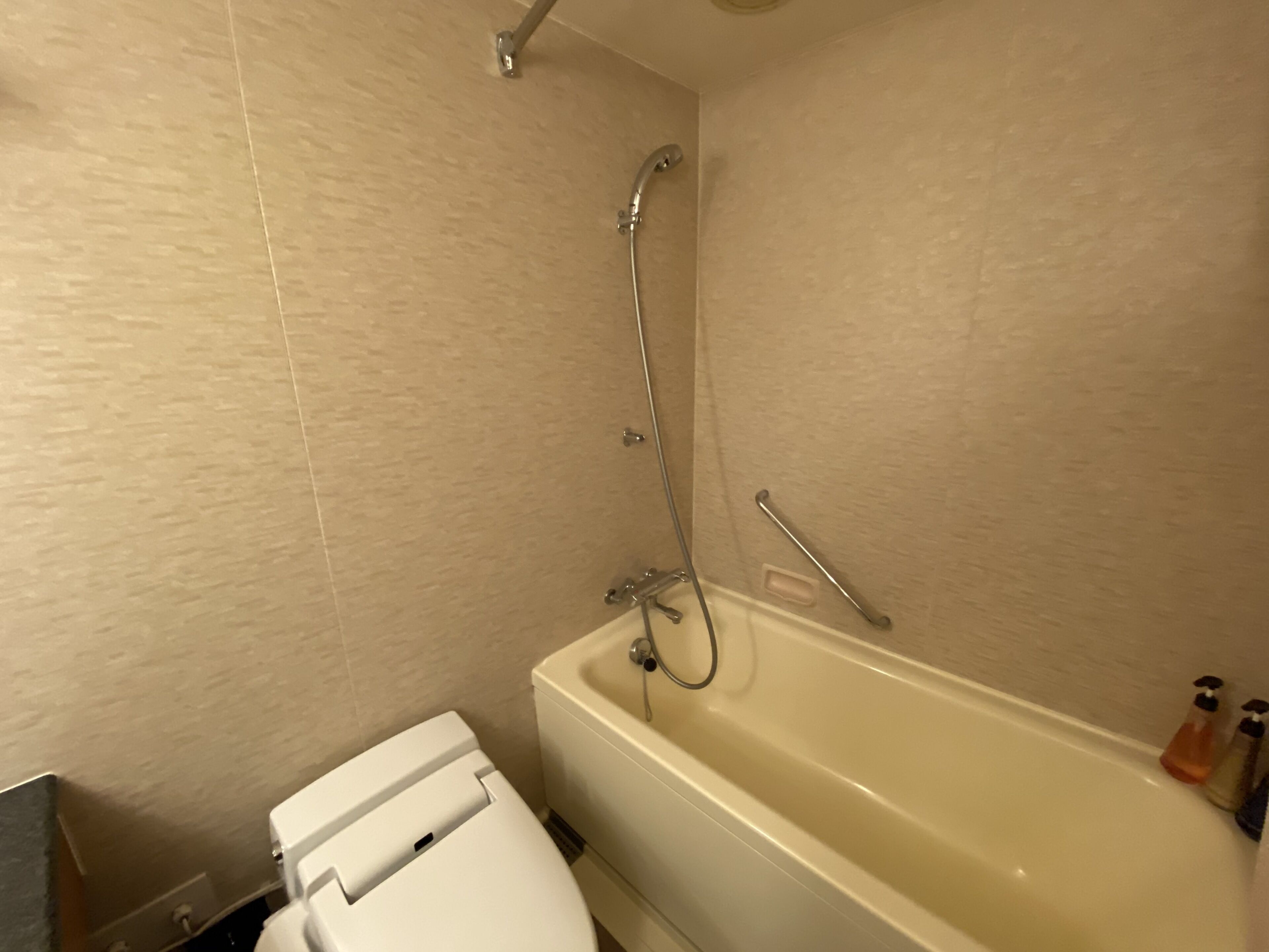 A bathroom with a bathtub, a toilet, and a shower.