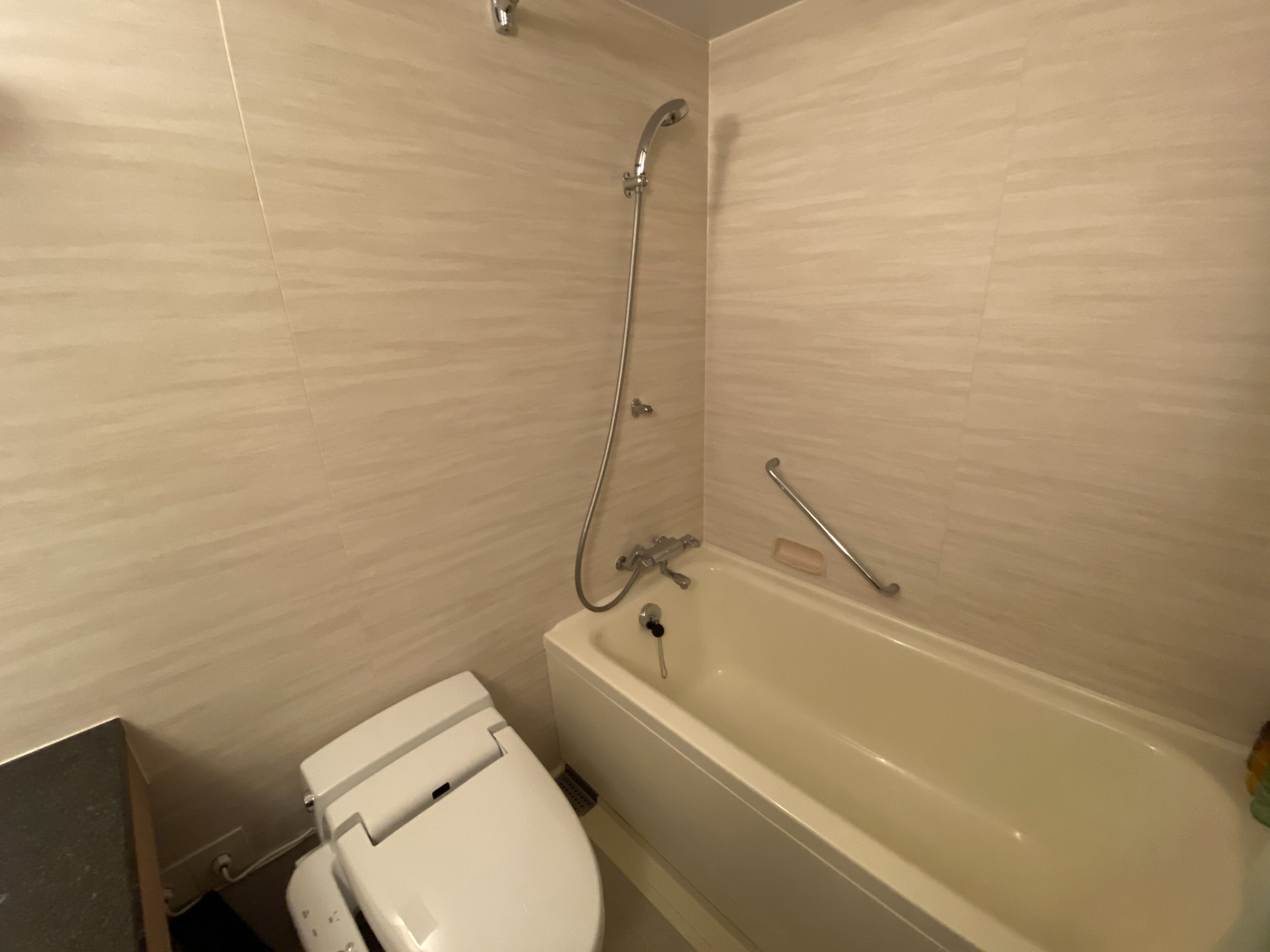 A bathroom with a bathtub, a toilet, and a shower.