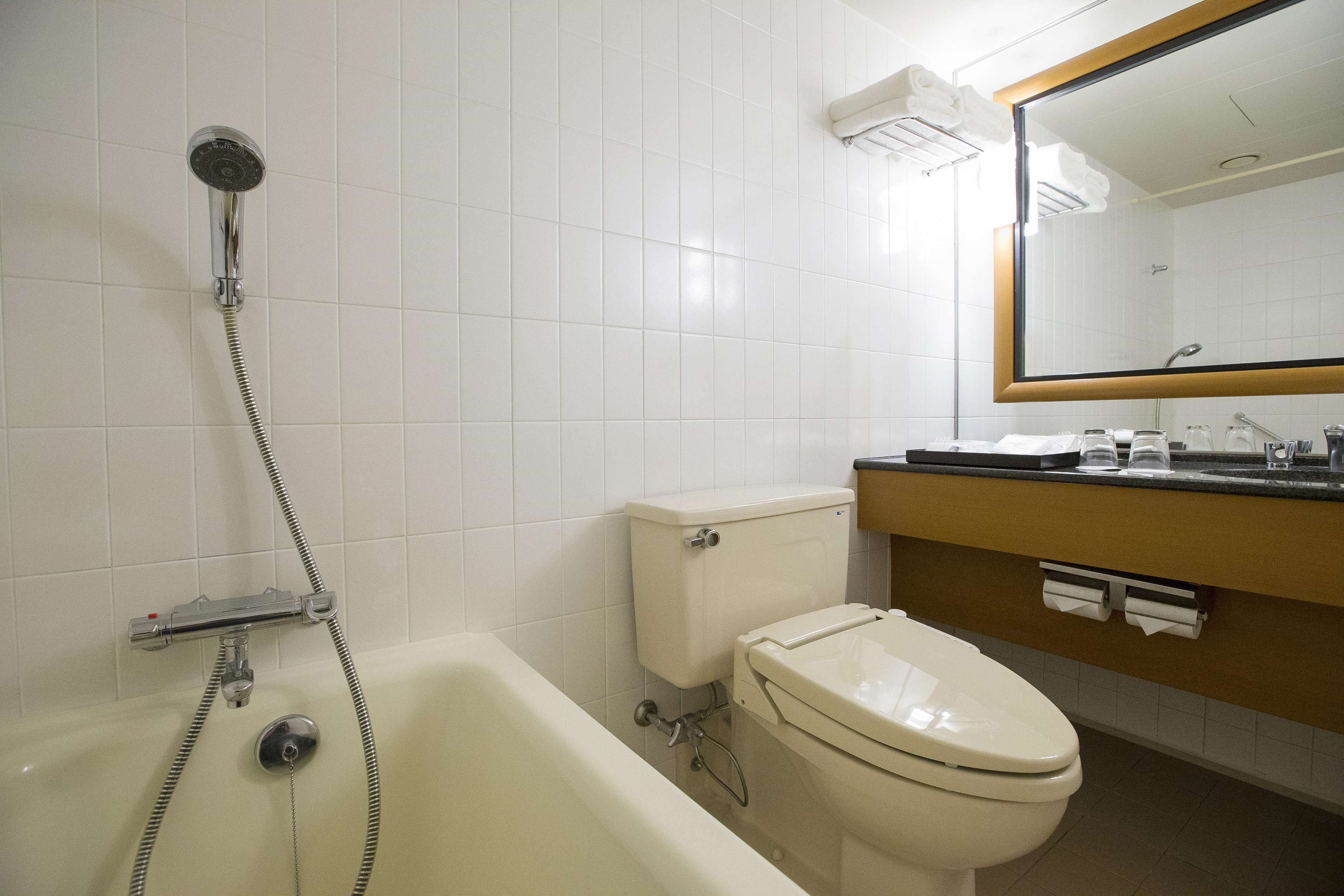 A bathroom with a bathtub, toilet, and a mirror above the sink.