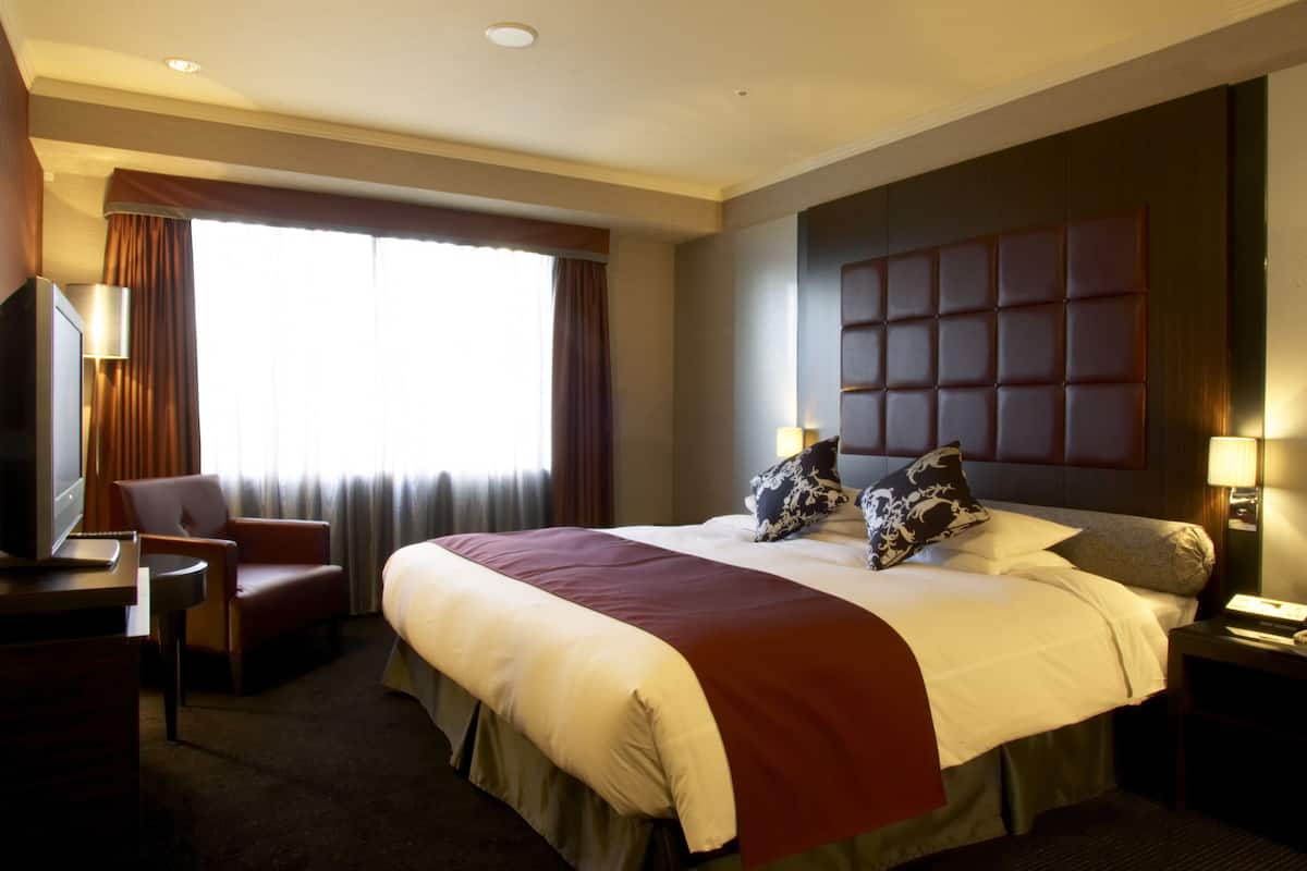 A hotel room with a large bed, a desk, a chair, a TV, and a window with curtains.