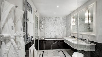 Rainfall showerhead, designer toiletries, hair dryer, bathrobes