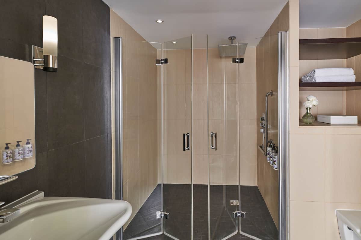 deluxe suite, terrace | bathroom | bathrobes, towels