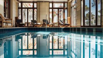 Indoor pool, seasonal outdoor pool, pool umbrellas, pool loungers