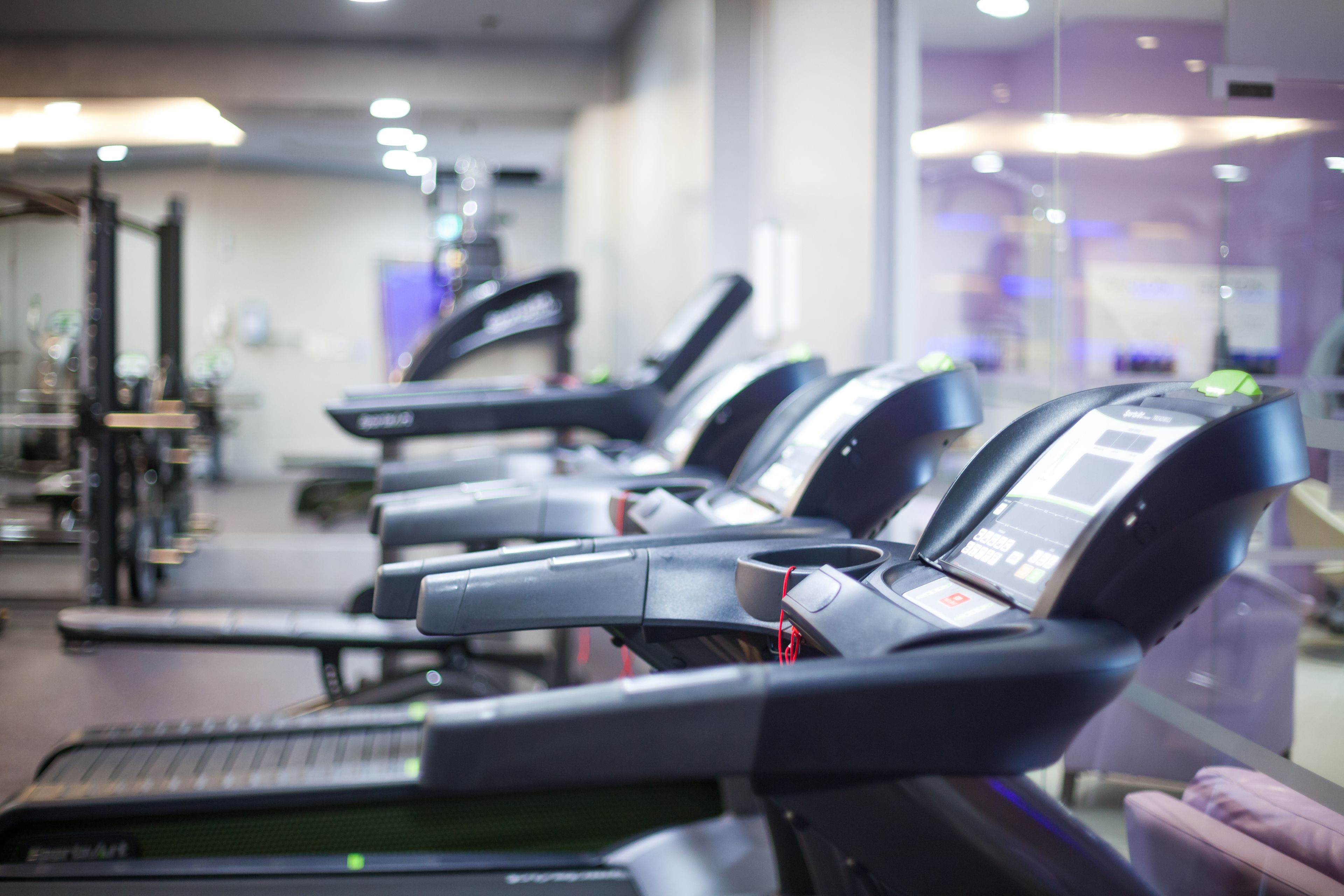 A row of stationary bikes in a gym with a modern design.