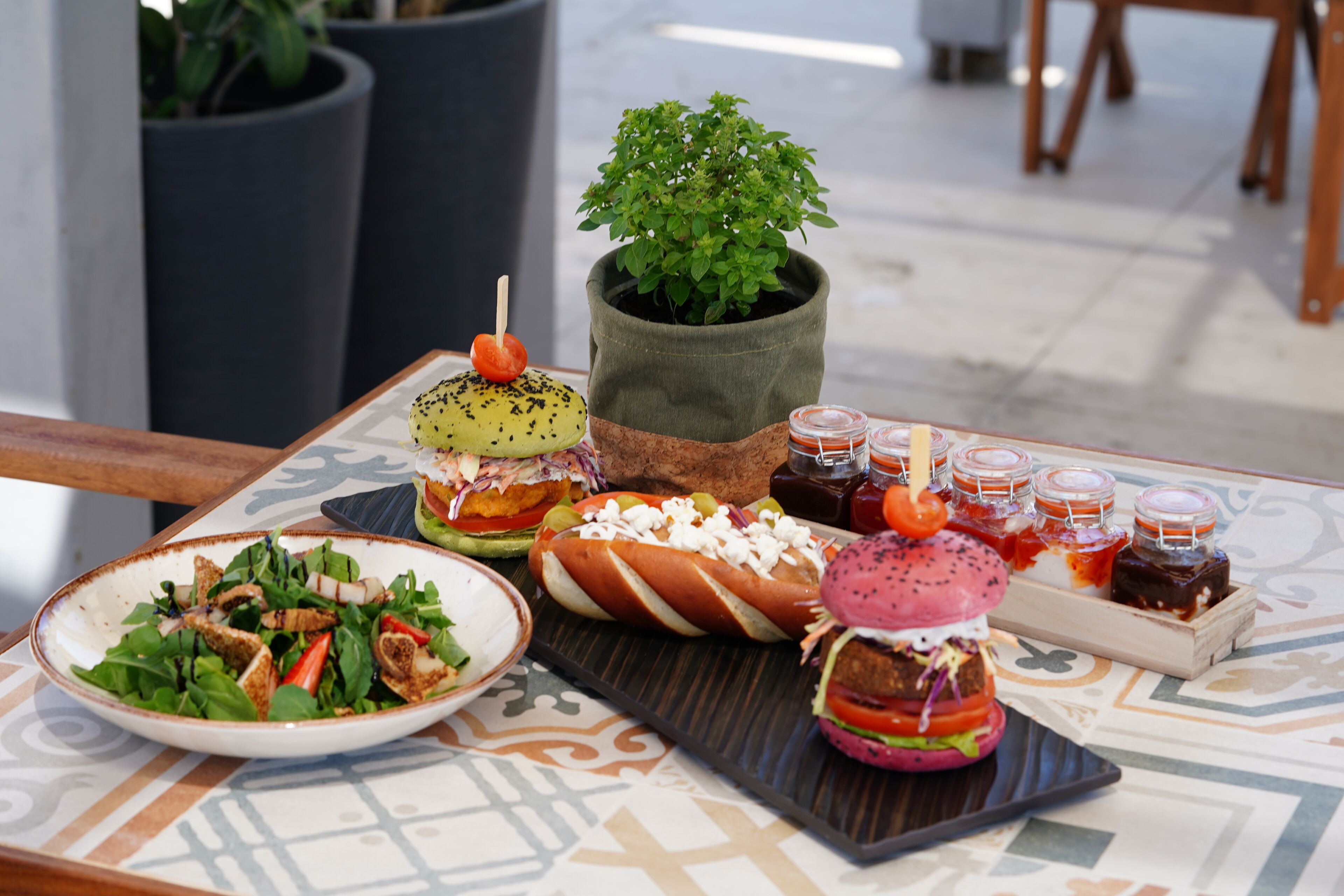 A table with a variety of food items including a salad, a sandwich, and a burger, along with condiments and a small potted plant.