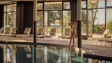 Indoor pool, seasonal outdoor pool, pool umbrellas, sun loungers