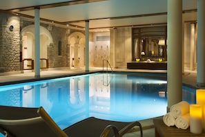 Indoor pool, seasonal outdoor pool, pool umbrellas, pool loungers