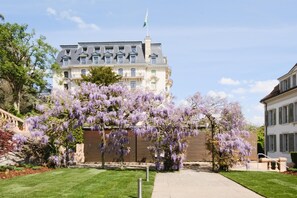 Een groot gebouw met een vlag, omringd door een verzorgd gazon en bloeiende paarse bomen.