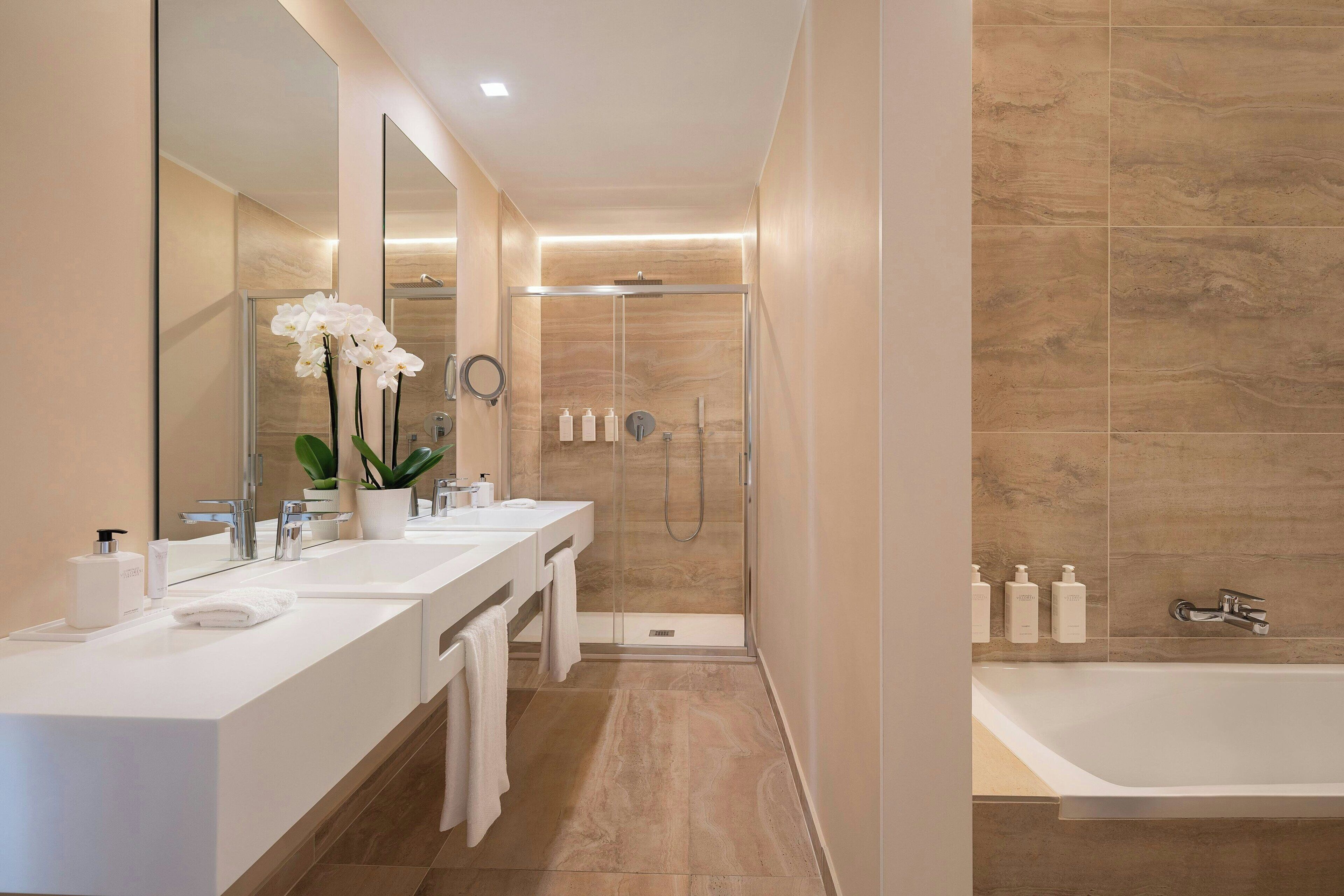 combined shower/bathtub, free toiletries, hair dryer, bathrobes