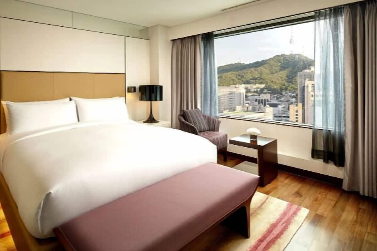 A hotel room with a large bed, a chair, a nightstand, a lamp, and a window with a city view.