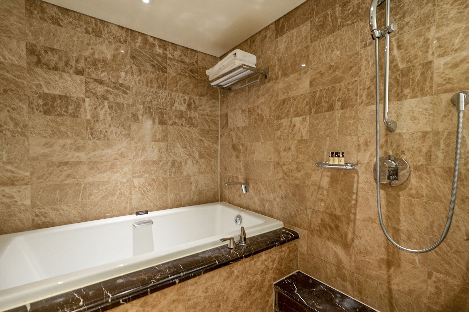 Un baño con bañera, ducha y toallero.