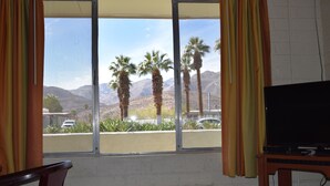 A room with a large window overlooking palm trees and mountains.