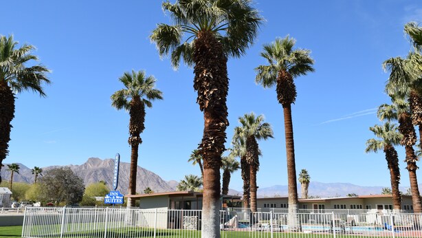 A hotel with palm trees, a pool, and mountains in the background.
