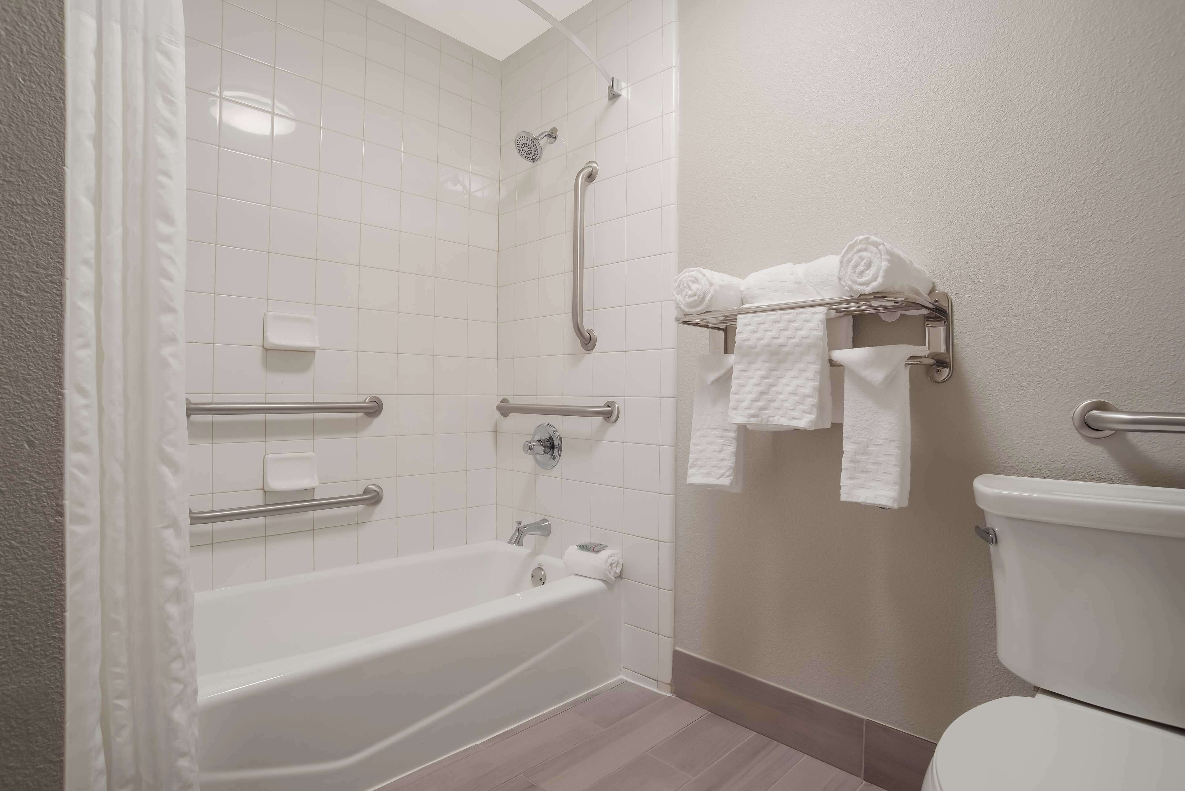 standard room, 1 king bed, accessible, refrigerator & microwave | bathroom | combined shower/bathtub, deep-soaking bathtub, free toiletries