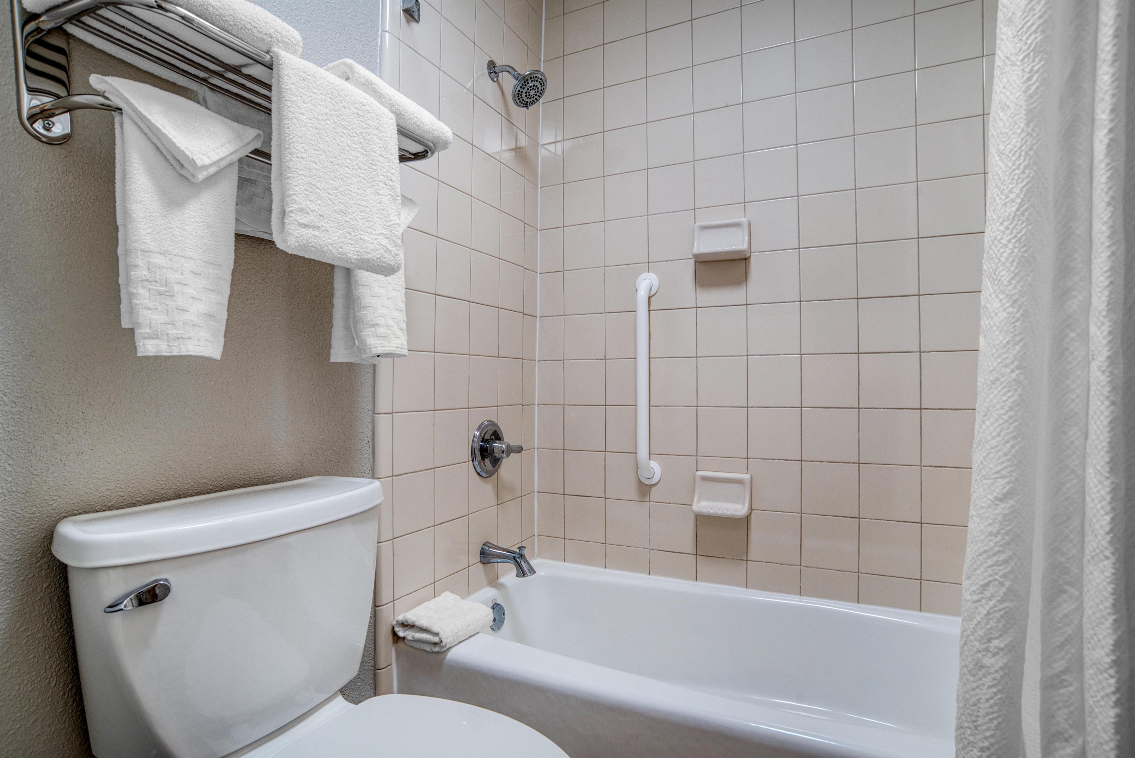 Un baño con inodoro, bañera y cabezal de ducha.