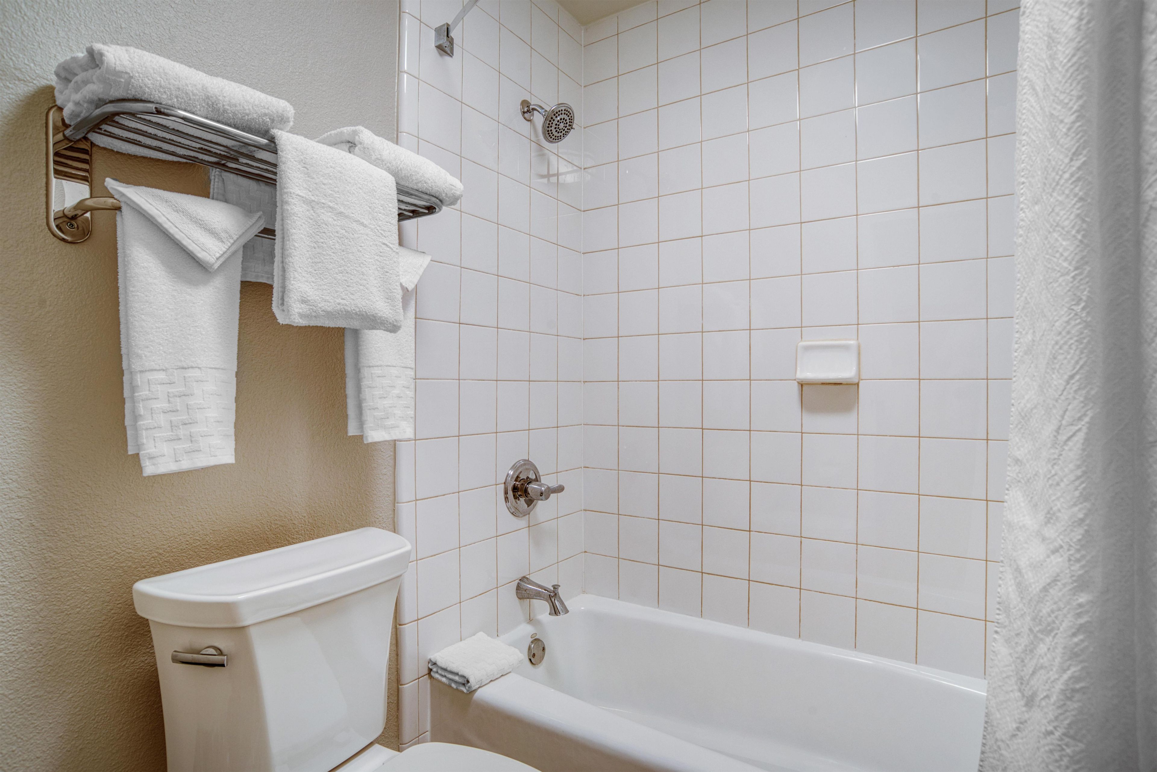 A bathroom with a toilet, bathtub, and a shower.
