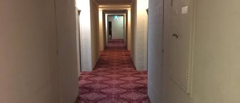 A hotel hallway with patterned carpet, doors on both sides, and a fire extinguisher sign on the right wall.