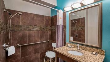 A bathroom with a shower, a vanity with a sink, a mirror, and a wheelchair-accessible bench.