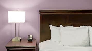 A hotel room with a bed, a nightstand, a lamp, and a telephone.