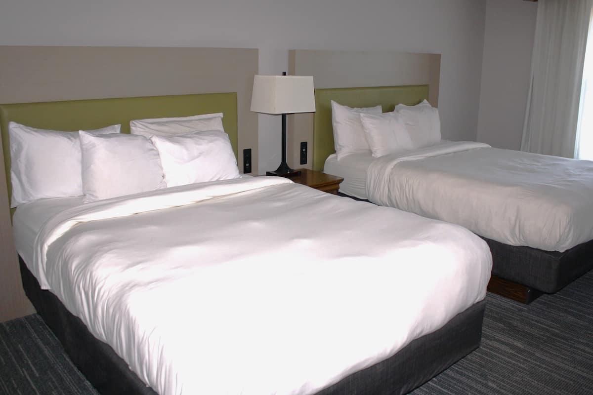 A hotel room with two single beds, each with white bedding and a green headboard. There is a nightstand with a lamp between the beds.