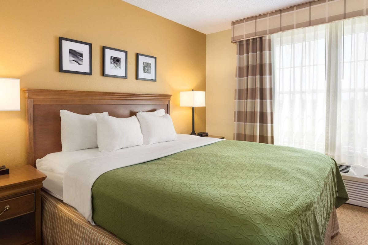 A hotel room with a bed, a nightstand, a lamp, a window with curtains, and three framed pictures on the wall.