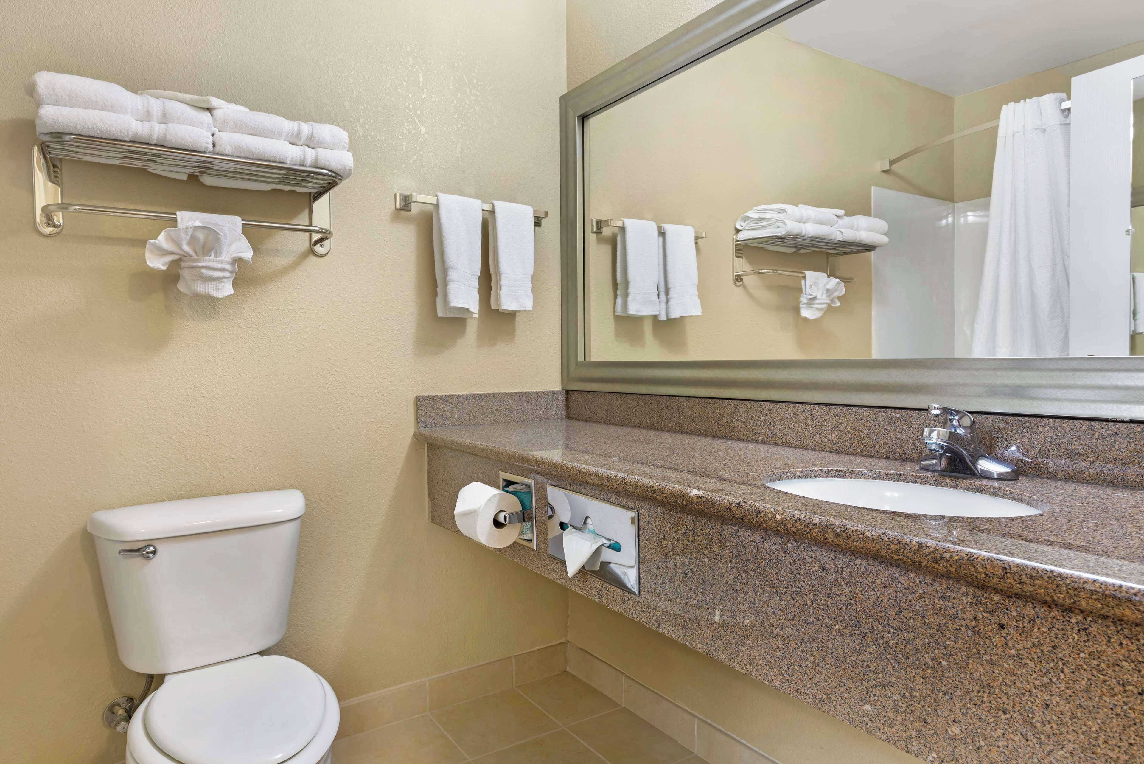 combined shower/bathtub, free toiletries, hair dryer, towels