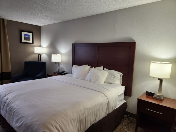 A hotel room with a large bed, two bedside tables, a chair, and a picture on the wall.