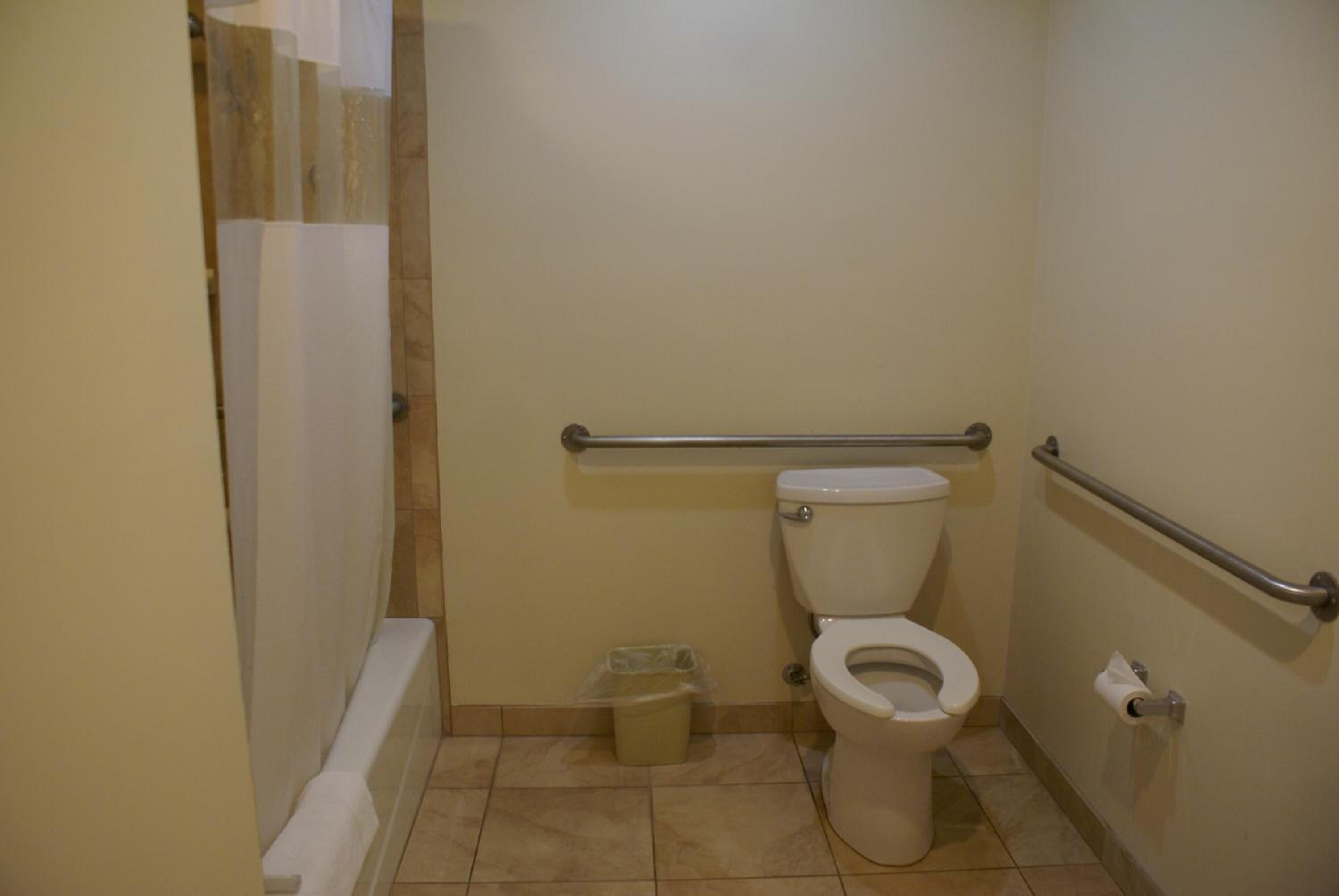 A small, single-occupancy bathroom with a toilet, a handrail, a shower curtain, and a trash bin.