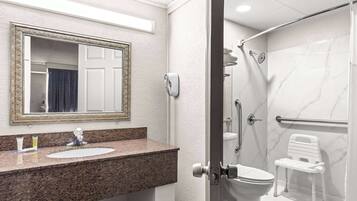 A bathroom with a granite countertop sink, a large mirror with a decorative frame, a handheld showerhead, a toilet, and a white chair.