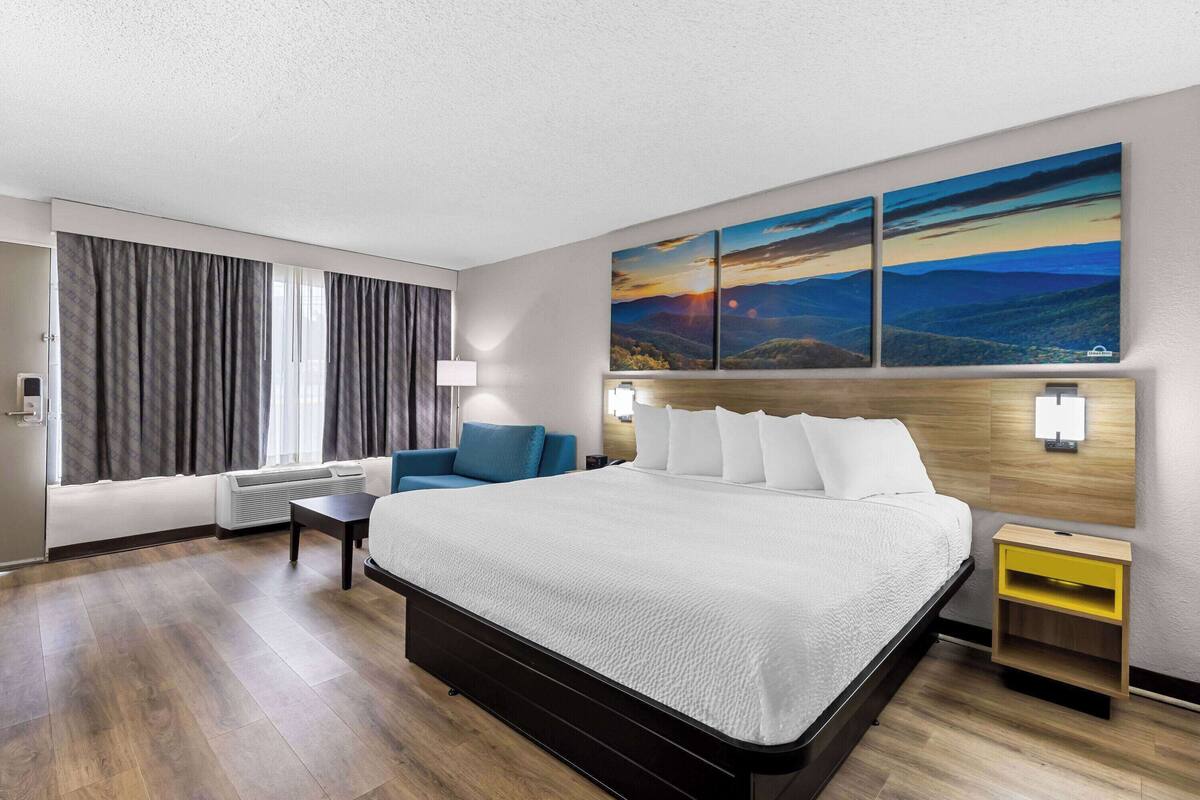 A hotel room with a large bed, a desk, a chair, a nightstand, and a painting on the wall.