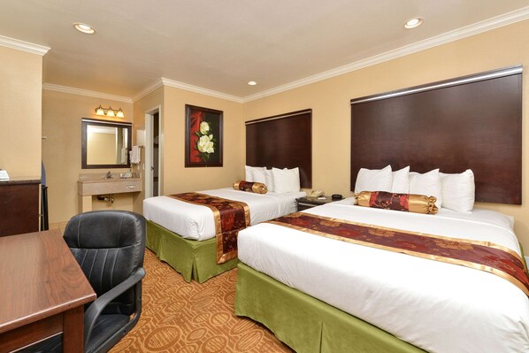 Standard Room, 2 Queen Beds, Non Smoking | In-room safe, desk, blackout drapes, iron/ironing board