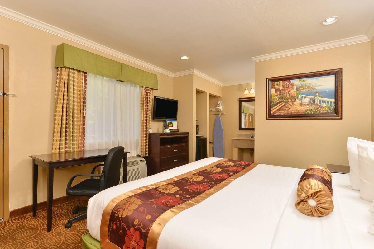 A hotel room with a bed, desk, chair, television, and a painting on the wall.