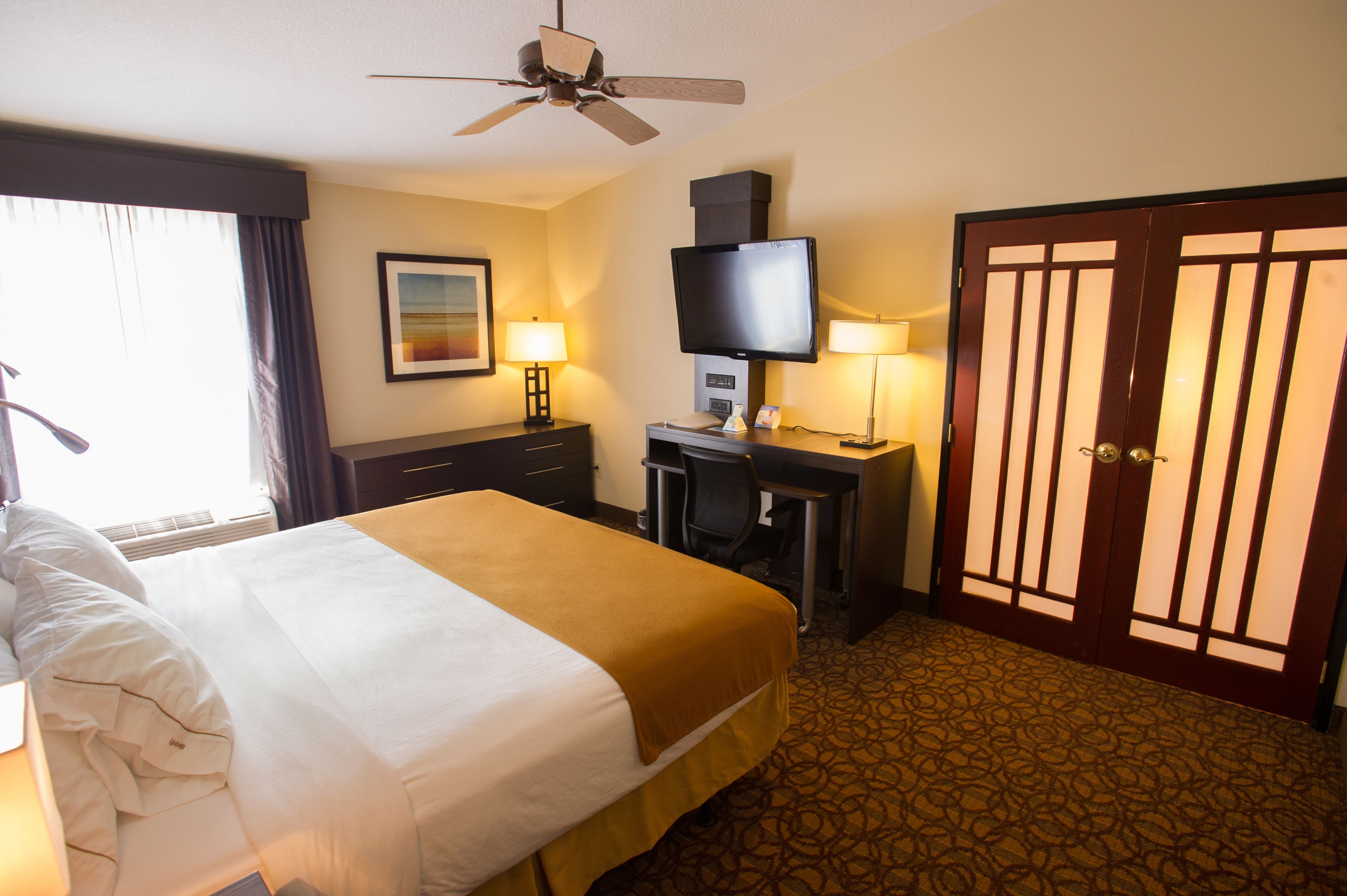 A hotel room with a bed, desk, television, and a traditional Japanese-style door.